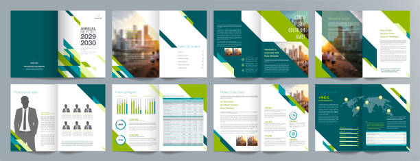 Annual report 16 page 058 Corporate business presentation guide brochure template, Annual report, 16 page minimalist flat geometric business brochure design template, A4 size. modern magazine layout stock illustrations