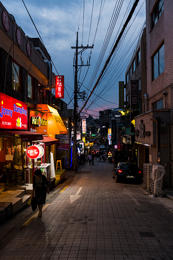 Seoul, South Korea - September 26, 2019: Street at dusk in the Itaewon area of Seoul.