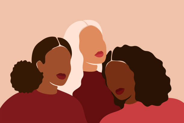 ilustrações, clipart, desenhos animados e ícones de três diversas mulheres multiétnicas juntas. meninas africanas, latinas e caucasianas estão lado a lado. irmandade e amizade feminina. - sister