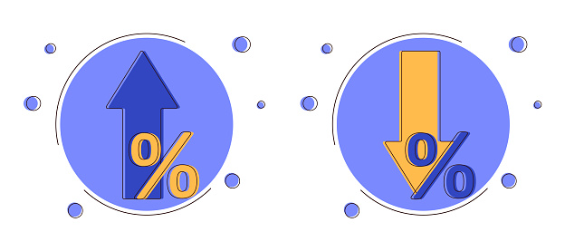 Percent arrow isolated flat illustration  in line style. Vector business concept in flat.