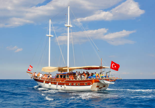 Antalya, Turkey - September 2018: Sailing boat along coast of south Turkey