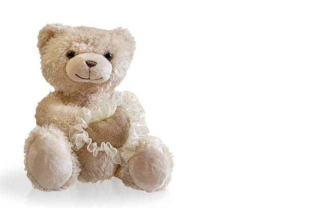 istock Cute teddy bear holding heart in his paws isolated on white 1294465576