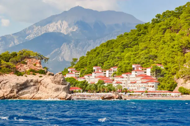 Hotels on seaside of south Turkey and Tahtali mountain near Kemer, Turkey