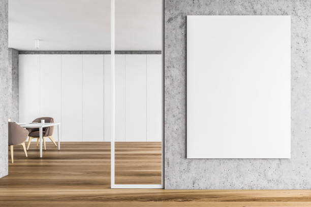 istock White and concrete meeting room interior with poster 1294466304