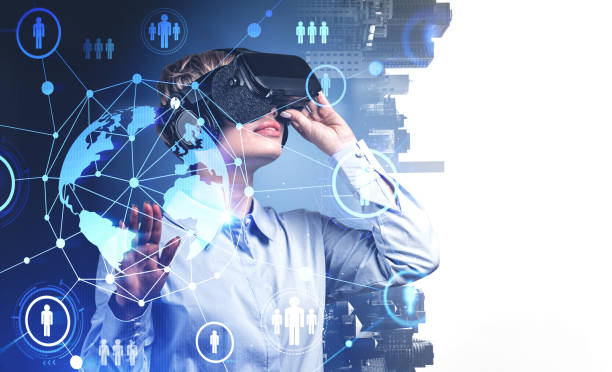 istock Woman in VR glasses, social network interface 1294467600