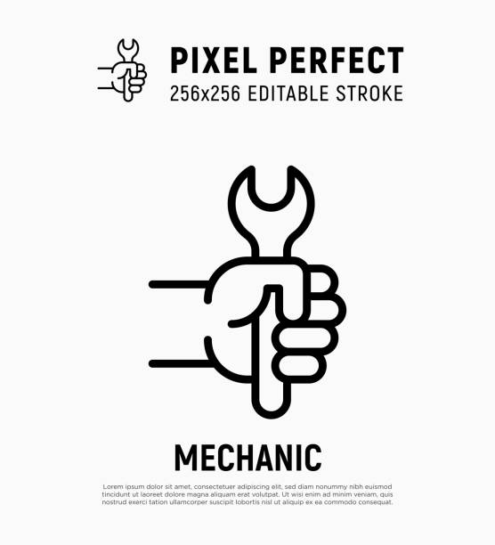 Car service symbol: wrench in hand. Thin line icon. Pixel perfect, editable stroke. Logo for repairman, plumber or builder. Vector illustration. Car service symbol: wrench in hand. Thin line icon. Pixel perfect, editable stroke. Logo for repairman, plumber or builder. Vector illustration. wrench stock illustrations