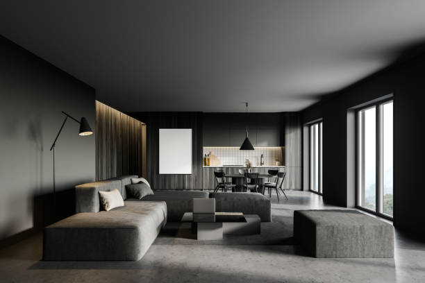 istock Gray and wooden kitchen with sofa and poster 1294467702