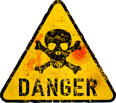 grungy style danger sign with skull and crossbones, vector illustration