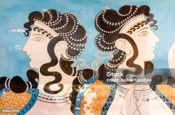 A Fragment Of Ancient Wall Paintings The Palace Of Knossos Crete Greece Stock Photo - Download Image Now