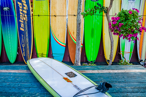 The Hawaiian Island of Oahu on February 19, 2020: Surfboard rentals at the town of Waialua on the Hawaiian Island of Oahu