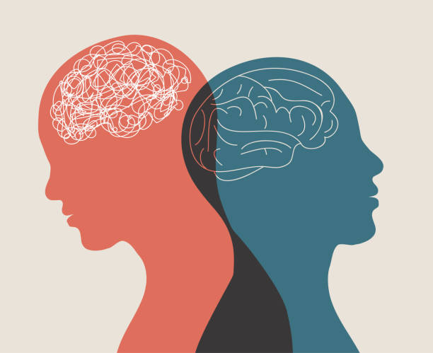 Two people in profile, one red with scribbles in their head to represent a disordered brain, and one blue with a typical brain
