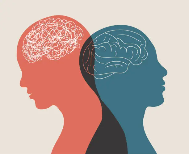 Vector illustration of Metaphor bipolar disorder mind mental. Double face. Split personality. Concept mood disorder. 2 Head silhouette.Psychology. Mental health. Dual personality concept. Tangle and untangle