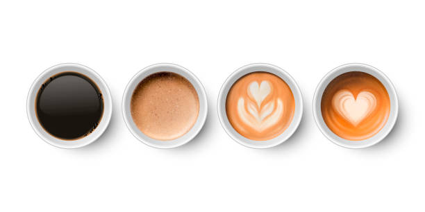 istock Vector 3d Realistic Paper White Disposable Coffee Cup, Milk Coffee and Foam Set Isolated on White. Espresso, Capuccino, Latte. Flower and Heart Pattern. Vector illustration. Design Template. Top View 1294477532