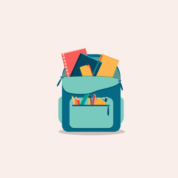 School backpack with stationery. Vector, flat illustration. vector art illustration
