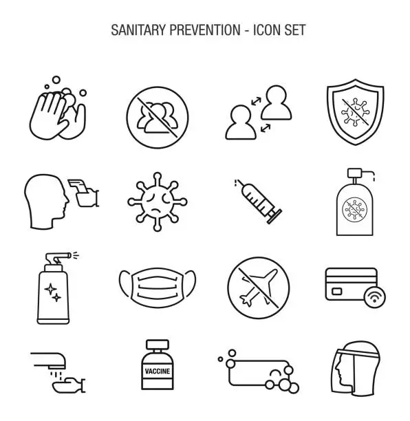 Vector illustration of Icon set Sanitary Prevention Outline Grey Basic