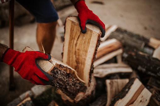 Close up of midsection of firewood divided by males hand.