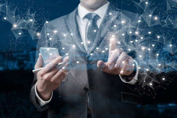 istock Businessman working social networks internet on virtual screen. 1294484234