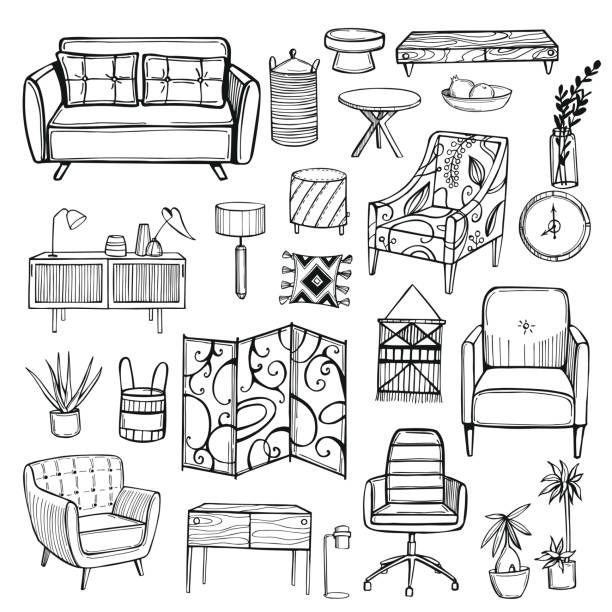 가정용 가구, 램프 및 식물. - symbol home interior furniture pillow stock illustrations