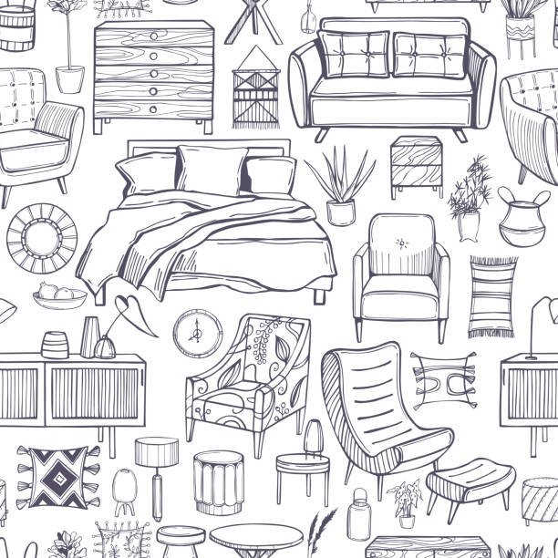 가정용 가구, 램프 및 식물. - symbol home interior furniture pillow stock illustrations