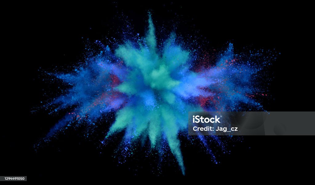 Launched colorful powder on black background Launched colorful powder on black background, abstract powder explosion Colored Powder Stock Photo