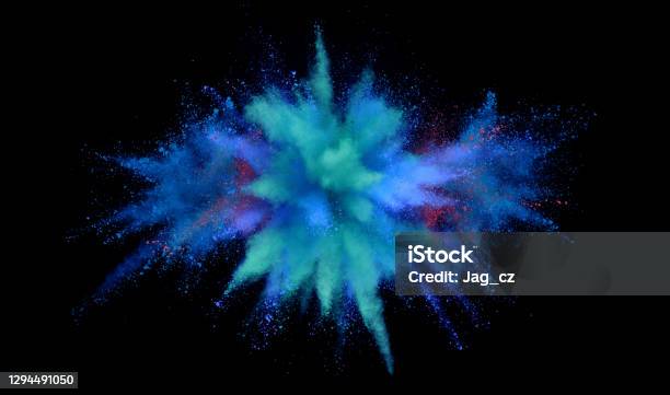 Launched Colorful Powder On Black Background Stock Photo - Download Image Now - Colored Powder, Exploding, Black Background