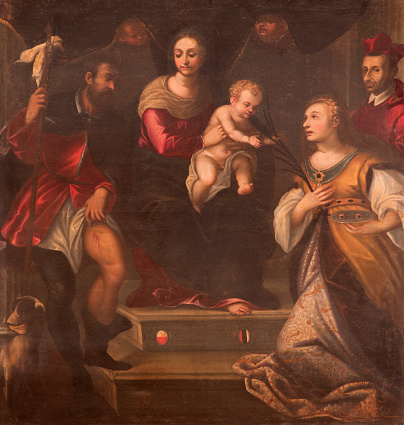 Padua - The paint  on the main altar of Oratorio di San Rocco. Madonna with the saints by Alesssandro Maganza (1697).