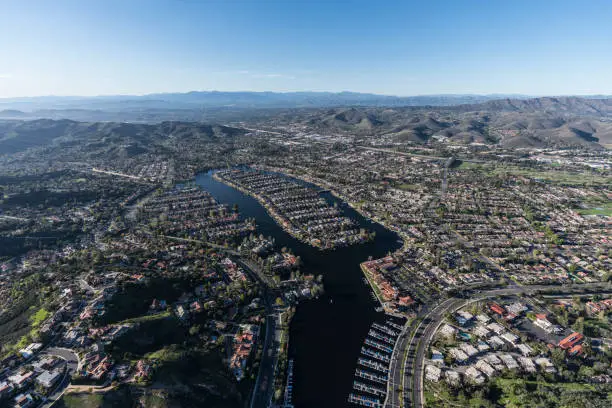 Aerial view of Westlake island, marina and lake in the Thousand Oaks and Westlake Village communities of Southern California.