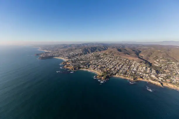 Aerial view of Laguna Beach and the pacific ocean coast in Orange County, California.
