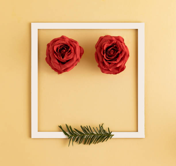 istock Red rose with white frame and Christmas tree branch on pastel yellow background. Flat lay, top view, copy space 1294493145