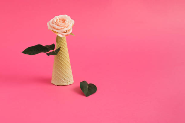 istock Rose flower and ice cream cone with green leaf on pink background. Minimal concept. 1294493149