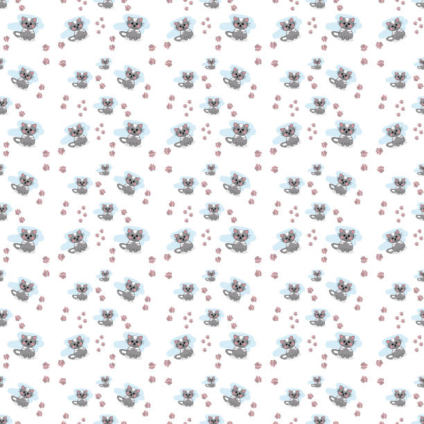 seamless pattern on a white background with a kitten and pink paws. Children's pattern