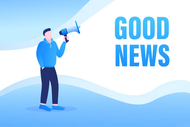 ilustrações de stock, clip art, desenhos animados e ícones de template with blue good news man holding megaphone on white background for flyer design. vector illustration in flat style. - relationship difficulties flash