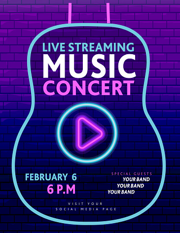 Live Streaming Music neon sign concert poster banner design with guitar and play button concept on purple brick wall