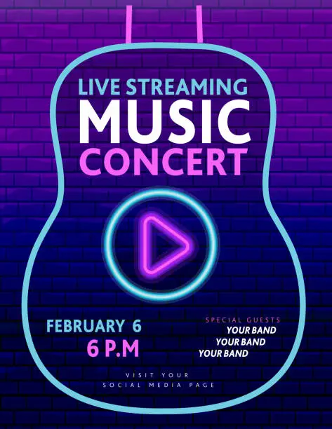 Vector illustration of Live Streaming Music neon sign concert poster banner design with guitar and play button concept on purple brick wall