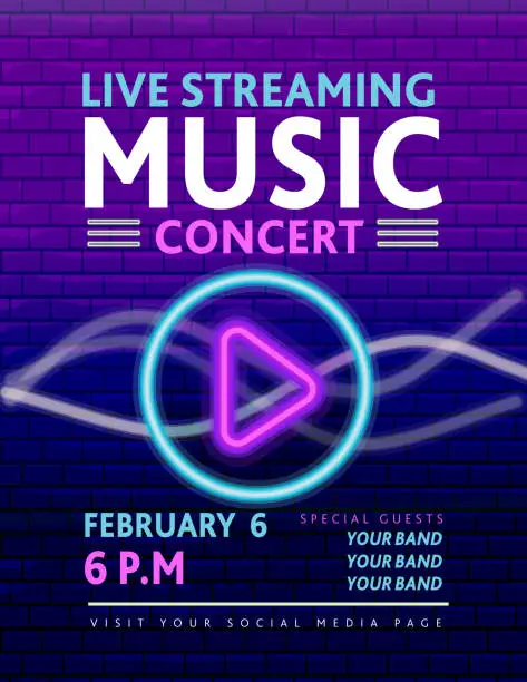 Vector illustration of Live Streaming Music neon sign concert poster banner design with play button concept on purple brick wall