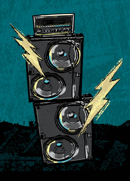 rockkonzert-design mit stapelverstärkern und blitzen - stack rock audio stock-grafiken, -clipart, -cartoons und -symbole