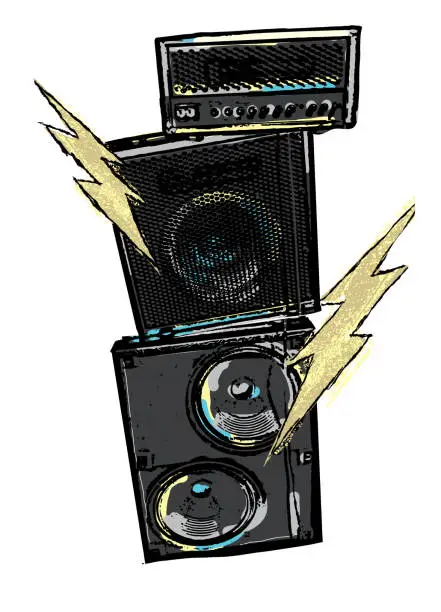 Vector illustration of Rock concert design with stack amplifiers and lightning bolts