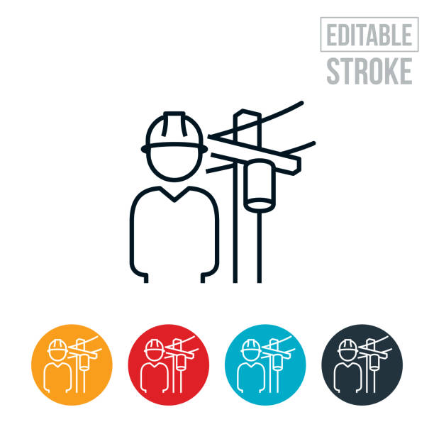 Utility Worker And Powerline Thin Line Icon - Editable Stroke An icon of an electrician, electrical engineer or utility worker standing in front of a powerline. The icon includes editable strokes or outlines using the EPS vector file. telephone pole stock illustrations