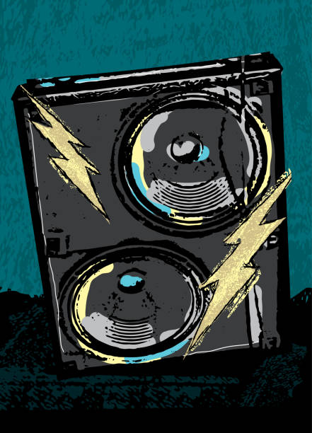 rockkonzert-design mit stapelverstärkern und blitzen - stack rock audio stock-grafiken, -clipart, -cartoons und -symbole
