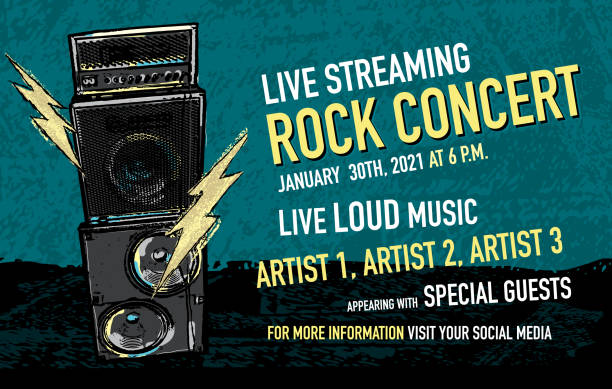 Live Streaming Rock concert social media banner design with stack amplifier and lightning bolts Vector illustration of a Live Streaming Rock n' roll concert social media banner design with stack amplifier and lightning bolts. Includes placement text for design. Fully editable. Includes vector eps and high resolution jpg. popular music concert stock illustrations