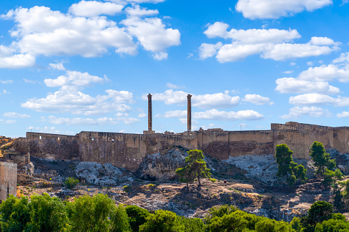 Sanliurfa/Turkey- September 15 2020:  Ancient stone columns which stand atop the Kale (castle) on Damlacik Hill which overlooks  in Sanliurfa (Urfa).