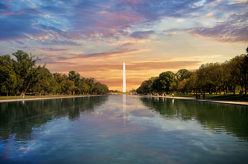 The Washington Monument in Washington DC during a twilight sunset.