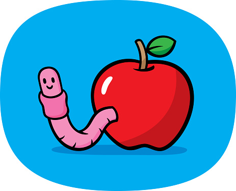 Vector illustration of a hand drawn worm in an apple against a blue background.