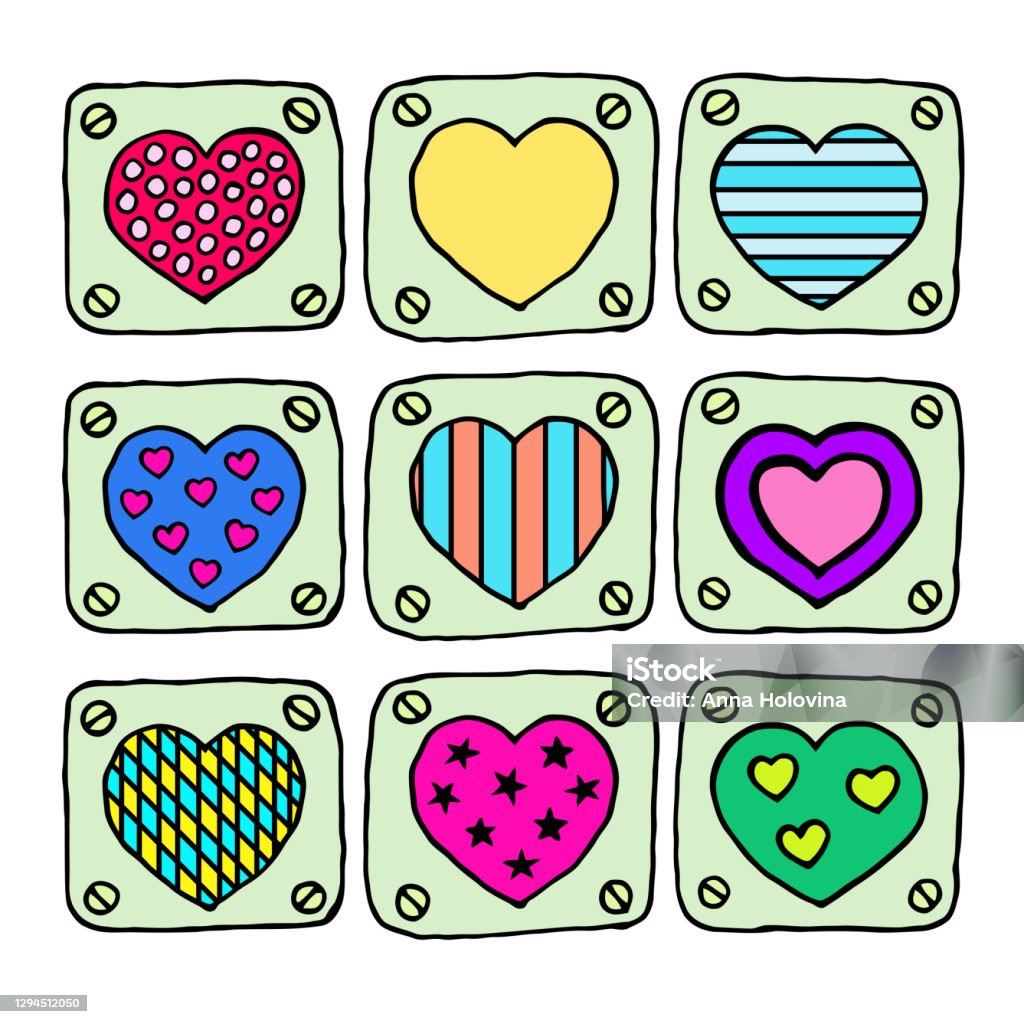 Diffrent Pattern Hearts Bright Illustration With Hearts And Different Patterns On Them Stock ...