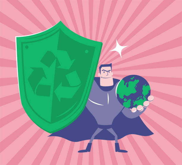 ilustrações, clipart, desenhos animados e ícones de super-herói (super-homem) segurando o escudo com símbolo de reciclagem para proteger o planeta terra - recycling green environment superhero