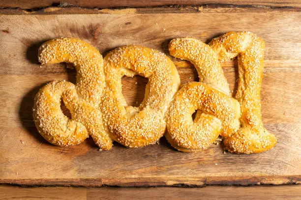 Sesame French bread, a classic country loaf, shaped as the numbers 2021.