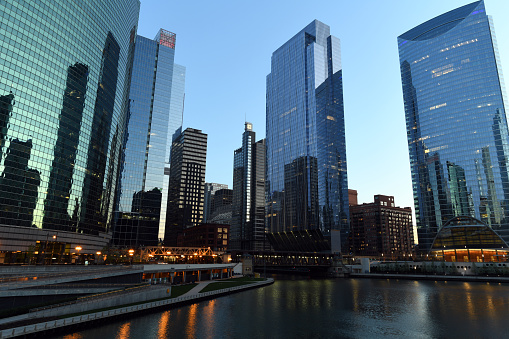 Chicago River Waterfront at dusk.