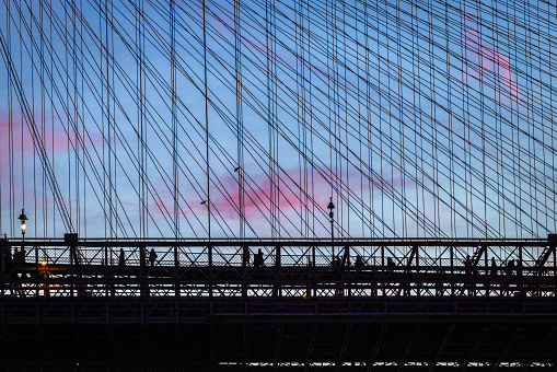 Closeup of the Brooklyn Bridge during sunset. New York City, NY. USA