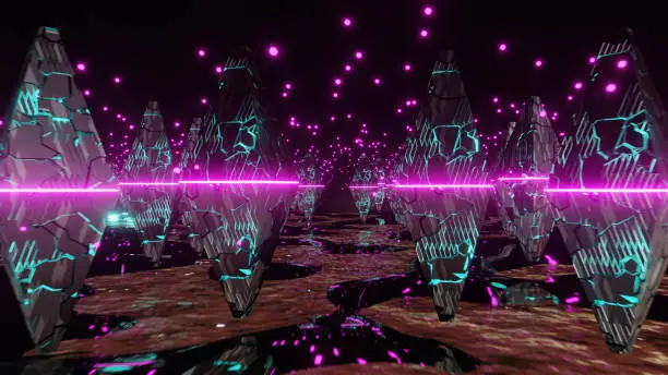 Photo of Abstract sci-fi triangular objects set having a beautiful blue texture and pink neon line cracks and particles.