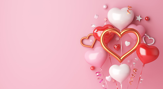 Happy valentines day decoration with heart shape balloon, confetti, copy space text, 3D rendering illustration
